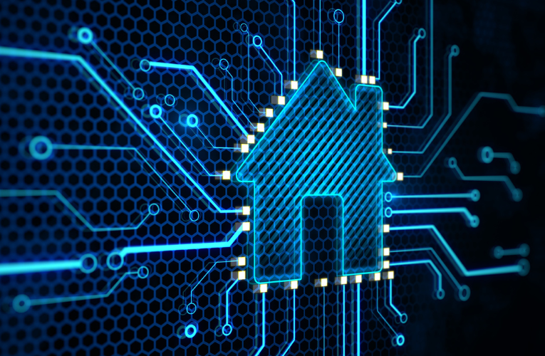 Digital smart home illustration with glowing circuit lines, symbolizing connected devices, grid-edge intelligence, and modern demand response technology.